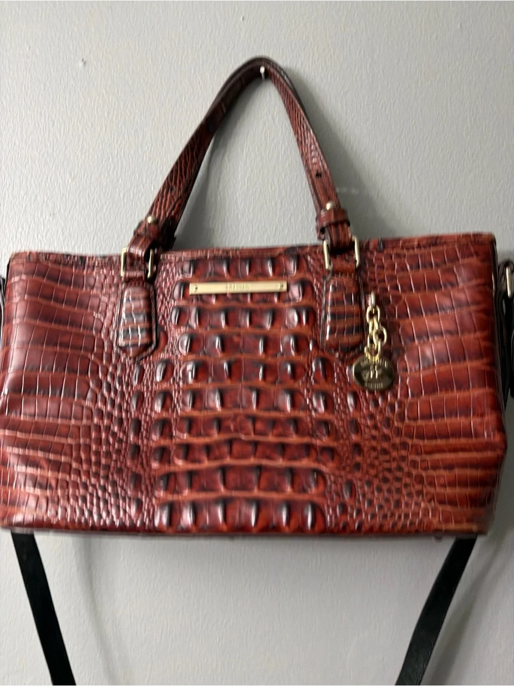Brahmin Mini Asher Satchel in Pecan Melbourne leather, featuring a textured croc